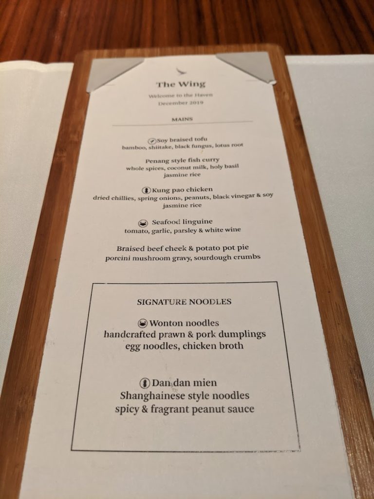 The Wing First Class Menu