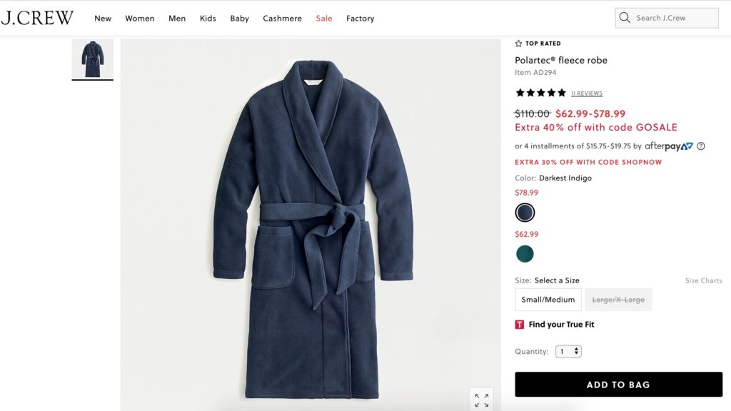 J Crew Polartec Fleece Robe