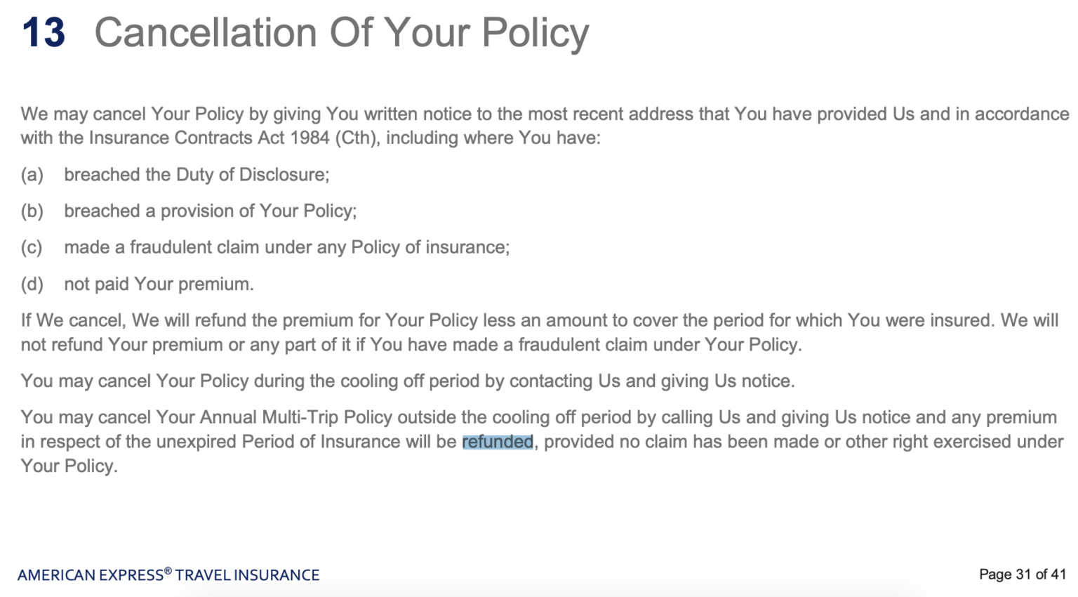 travel insurance refund policy