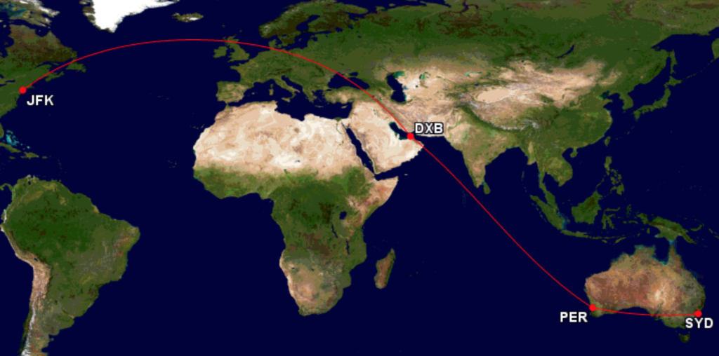 Qantas Emirates Routing Sydney Perth Dubai New York